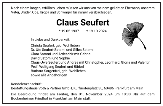 Traueranzeige von Claus Seufert von Frankfurter Allgemeine Zeitung