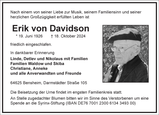 Traueranzeige von Erik von Davidson von Frankfurter Allgemeine Zeitung