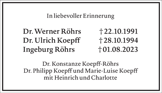 Traueranzeige von Ingeburg Röhrs von Frankfurter Allgemeine Zeitung