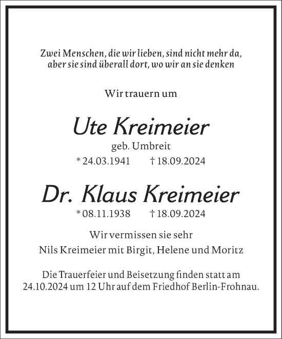 Traueranzeige von Klaus Kreimeier von Frankfurter Allgemeine Zeitung