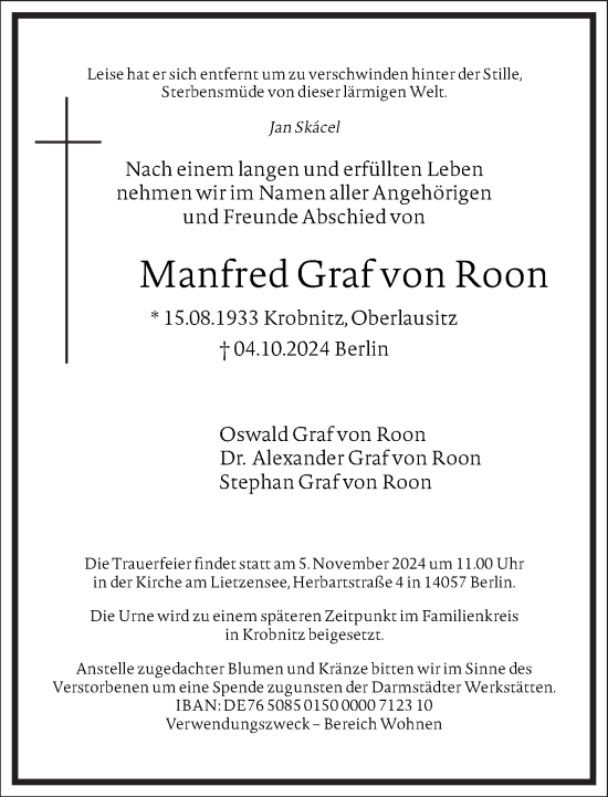 Traueranzeige von Manfred Graf von Roon von Frankfurter Allgemeine Zeitung