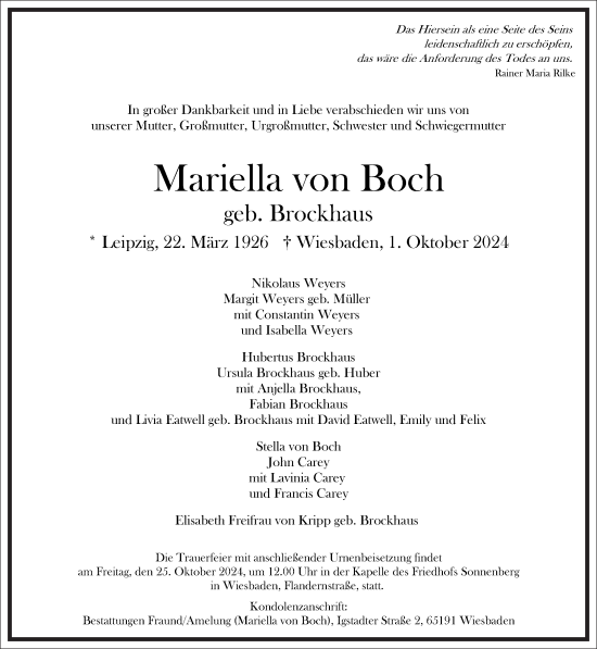 Traueranzeige von Mariella von Boch von Frankfurter Allgemeine Zeitung