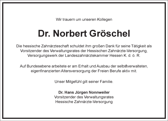 Traueranzeige von Norbert Gröschel von Frankfurter Allgemeine Zeitung