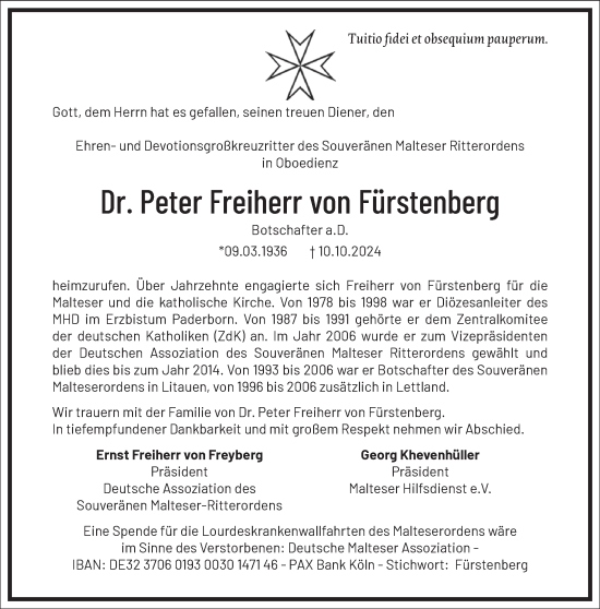 Traueranzeige von Peter Freiherr von Fürstenberg von Frankfurter Allgemeine Zeitung