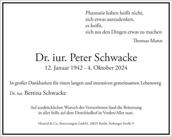 Traueranzeige von Peter Schwacke von Frankfurter Allgemeine Zeitung