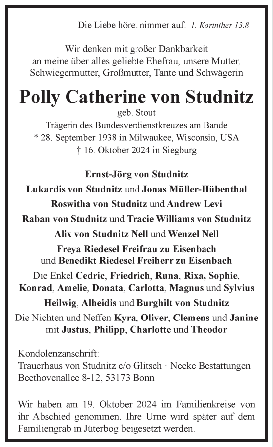 Traueranzeige von Polly Catherine von Studnitz von Frankfurter Allgemeine Zeitung