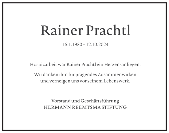 Traueranzeige von Rainer Prachtl von Frankfurter Allgemeine Zeitung