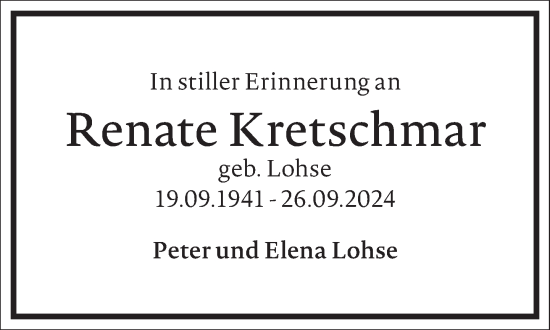 Traueranzeige von Renate Kretschmar von Frankfurter Allgemeine Zeitung
