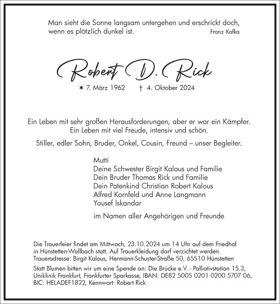 Traueranzeige von Robert D. Rick von Frankfurter Allgemeine Zeitung