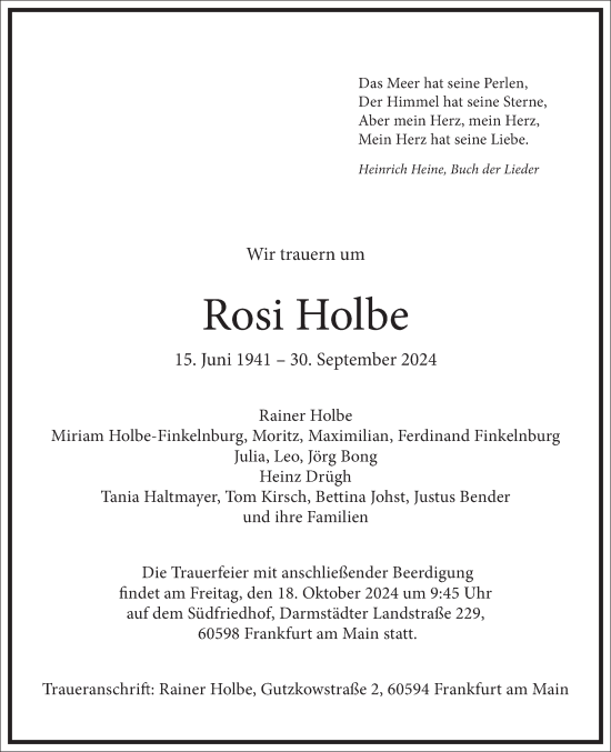 Traueranzeige von Rosi Holbe von Frankfurter Allgemeine Zeitung