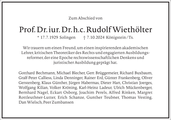 Traueranzeige von Rudolf Wiethölter von Frankfurter Allgemeine Zeitung