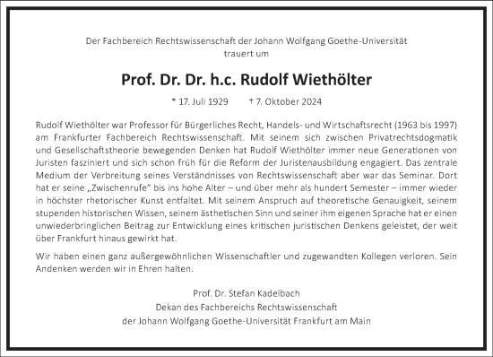 Traueranzeige von Rudolf Wiethölter von Frankfurter Allgemeine Zeitung