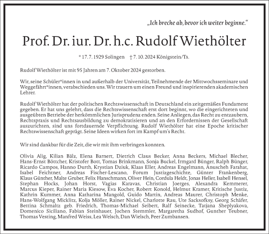 Traueranzeige von Rudolf Wiethölter von Frankfurter Allgemeine Zeitung