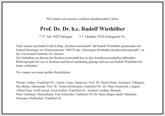 Traueranzeige von Rudolf Wiethölter von Frankfurter Allgemeine Zeitung