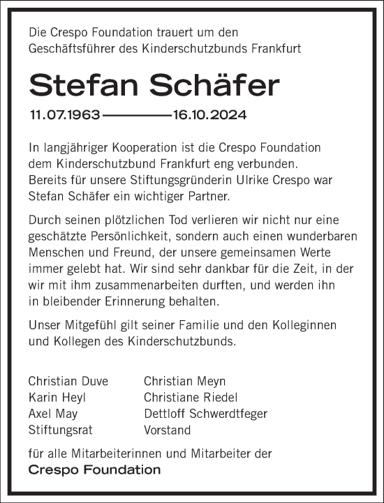 Traueranzeige von Stefan Schäfer von Frankfurter Allgemeine Zeitung