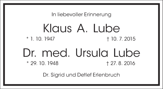 Traueranzeige von Ursula Lube von Frankfurter Allgemeine Zeitung