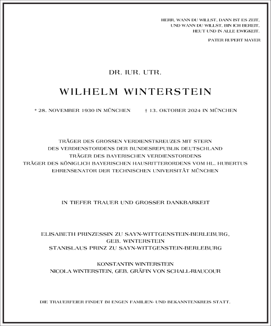 Traueranzeige von Wilhelm Winterstein von Frankfurter Allgemeine Zeitung