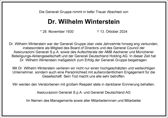 Traueranzeige von Wilhelm Winterstein von Frankfurter Allgemeine Zeitung