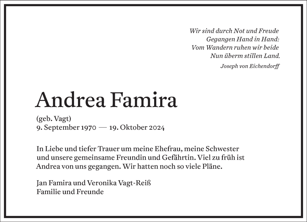  Traueranzeige für Andrea Famira vom 23.11.2024 aus Frankfurter Allgemeine Zeitung