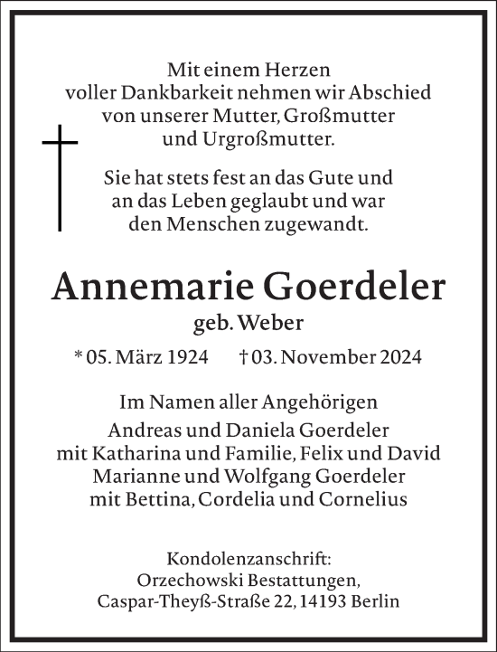 Traueranzeige von Annemarie Goerdeler von Frankfurter Allgemeine Zeitung