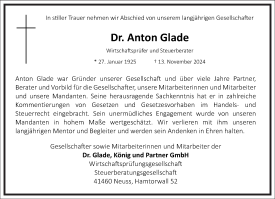 Traueranzeige von Anton Glade von Frankfurter Allgemeine Zeitung