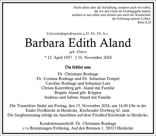 Traueranzeige von Barbara Edith Aland von Frankfurter Allgemeine Zeitung