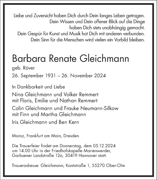 Traueranzeige von Barbara Renate Gleichmann von Frankfurter Allgemeine Zeitung