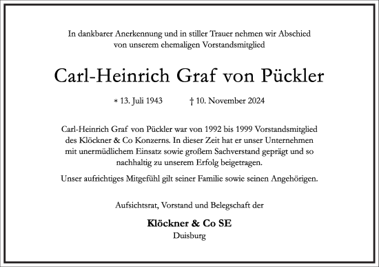 Traueranzeige von Carl-Heinrich Graf von Pückler von Frankfurter Allgemeine Zeitung