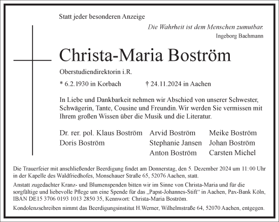 Traueranzeige von Christa-Maria Boström von Frankfurter Allgemeine Zeitung