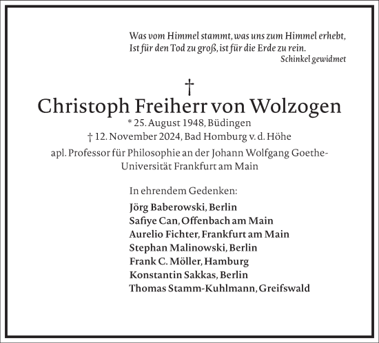 Traueranzeige von Christoph  von Wolzogen von Frankfurter Allgemeine Zeitung