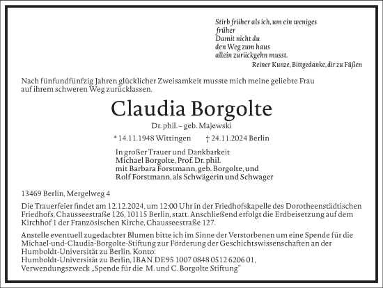 Traueranzeige von Claudia Borgolte von Frankfurter Allgemeine Zeitung