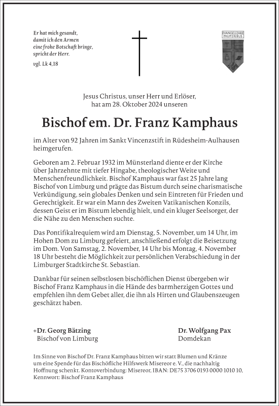 Traueranzeige von Franz Kamphaus von Frankfurter Allgemeine Zeitung