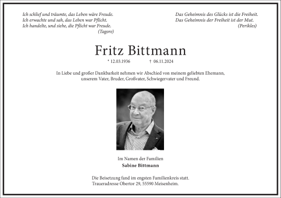 Traueranzeige von Fritz August Bittmann von Frankfurter Allgemeine Zeitung