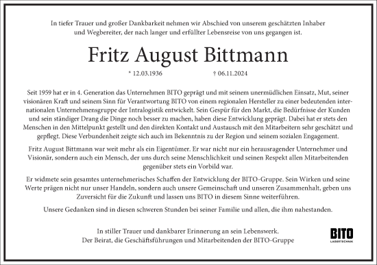 Traueranzeige von Fritz August Bittmann von Frankfurter Allgemeine Zeitung