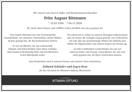 Traueranzeige von Fritz August Bittmann von Frankfurter Allgemeine Zeitung