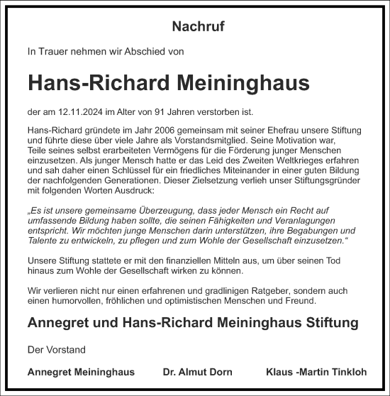 Traueranzeige von Hans-Richard Meininghaus von Frankfurter Allgemeine Zeitung