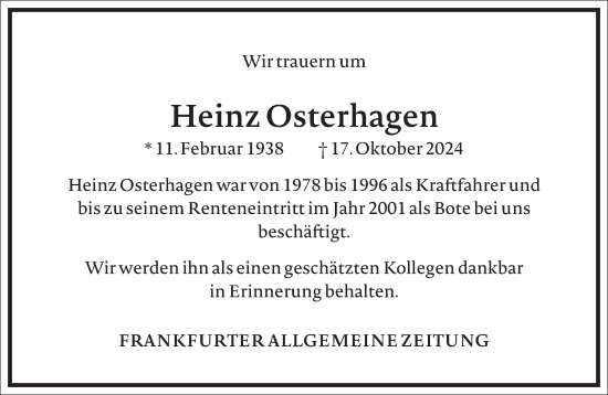 Traueranzeige von Heinz Osterhagen von Frankfurter Allgemeine Zeitung