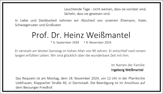 Traueranzeige von Heinz Weißmantel von Frankfurter Allgemeine Zeitung