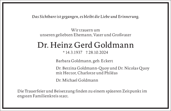 Traueranzeige von Heinz Gerd Goldmann von Frankfurter Allgemeine Zeitung