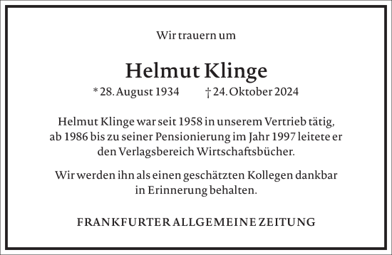 Traueranzeige von Helmut Klinge von Frankfurter Allgemeine Zeitung