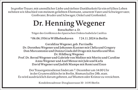 Traueranzeige von Henning Wegener von Frankfurter Allgemeine Zeitung