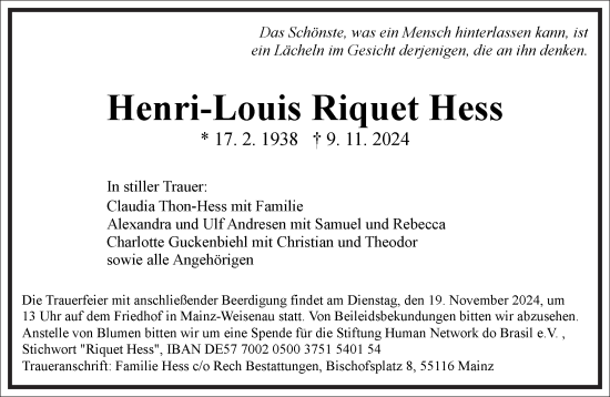 Traueranzeige von Henri-Louis  Riquet Hess von Frankfurter Allgemeine Zeitung