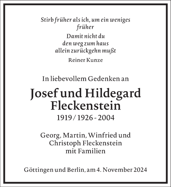 Traueranzeige von Hildegard Fleckenstein von Frankfurter Allgemeine Zeitung