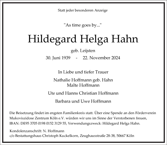 Traueranzeige von Hildegard Helga Hahn von Frankfurter Allgemeine Zeitung