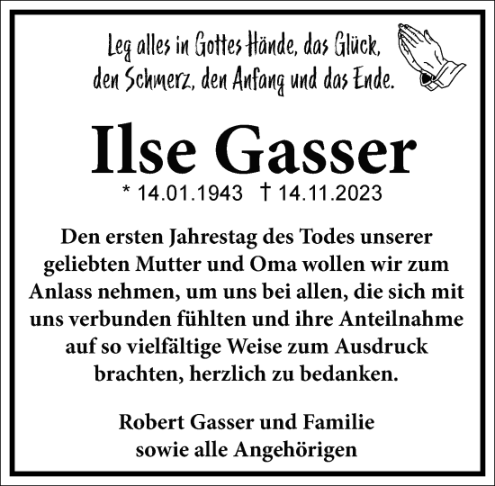 Traueranzeige von Ilse Gasser von Frankfurter Allgemeine Zeitung