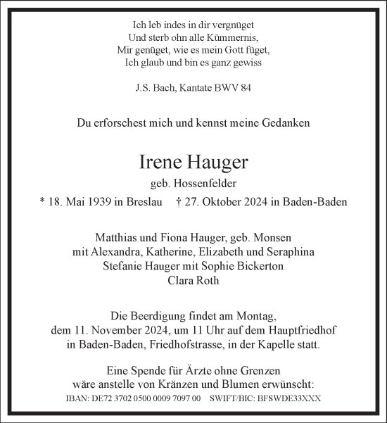 Traueranzeige von Irene Hauger von Frankfurter Allgemeine Zeitung