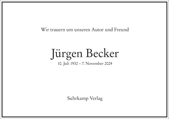 Traueranzeige von Jürgen Becker von Frankfurter Allgemeine Zeitung