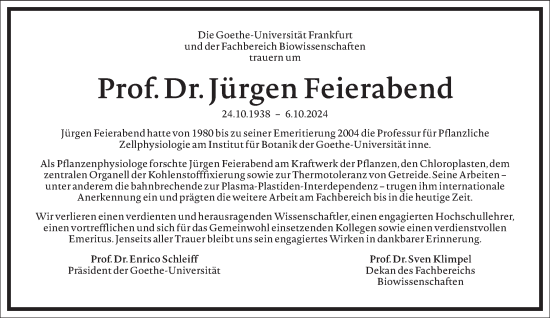 Traueranzeige von Jürgen Feierabend von Frankfurter Allgemeine Zeitung