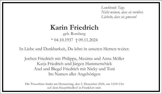 Traueranzeige von Karin Friedrich von Frankfurter Allgemeine Zeitung