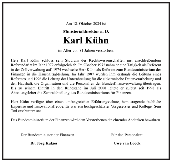 Traueranzeige von Karl Kühn von Frankfurter Allgemeine Zeitung